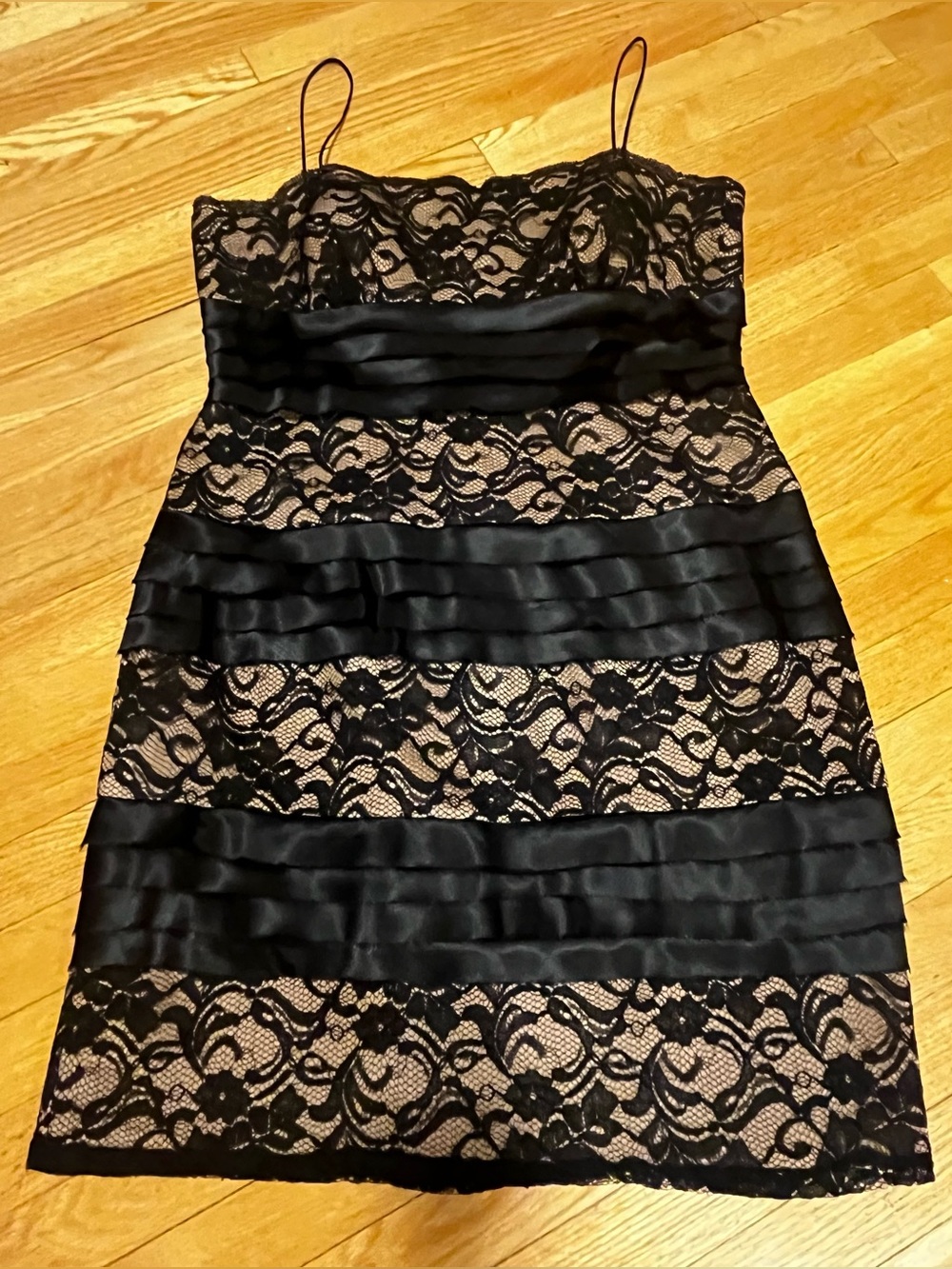 Black Lace Cocktail Dress with Nude Lining, like new